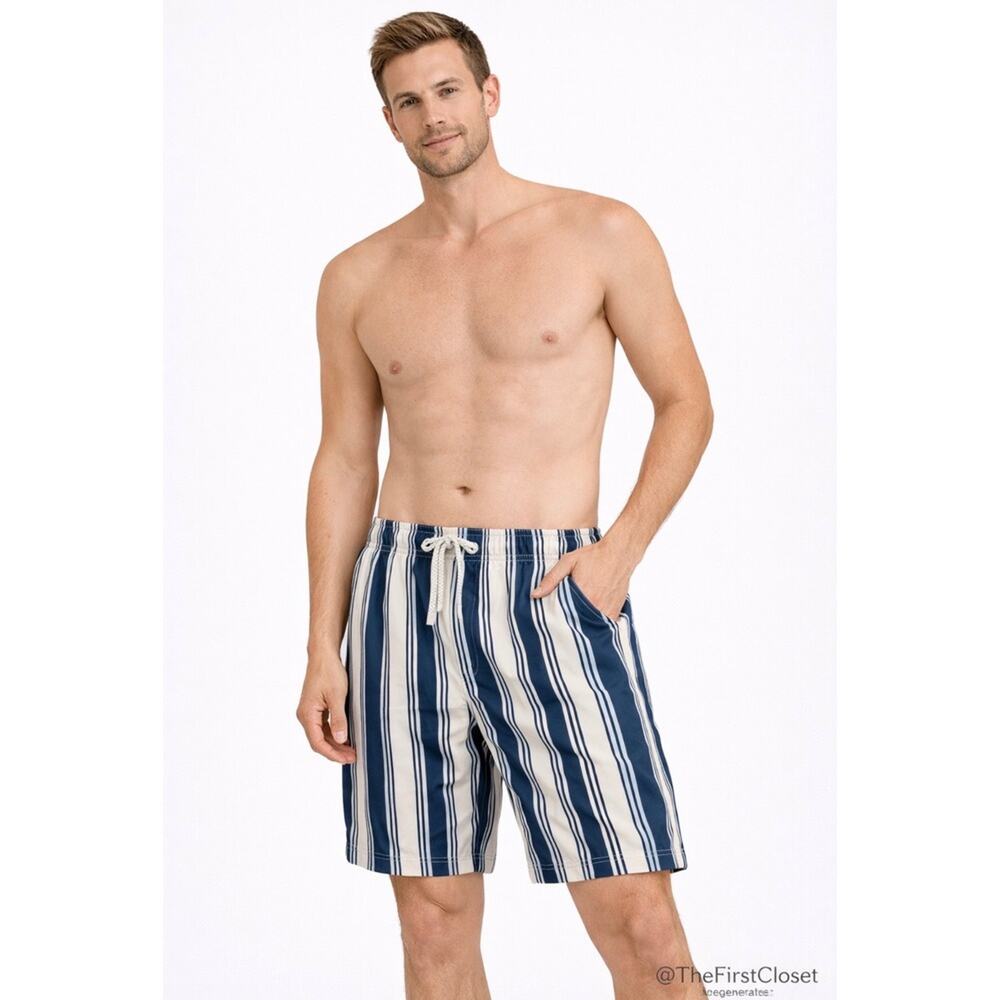ZARA Men's Striped Swim Trunks Navy Beige Elastic Waist Drawstring Pockets M